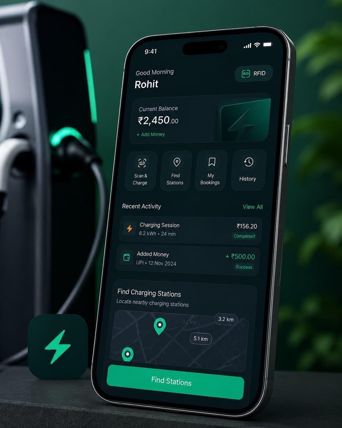 Electric vehicle connected to a charging plug