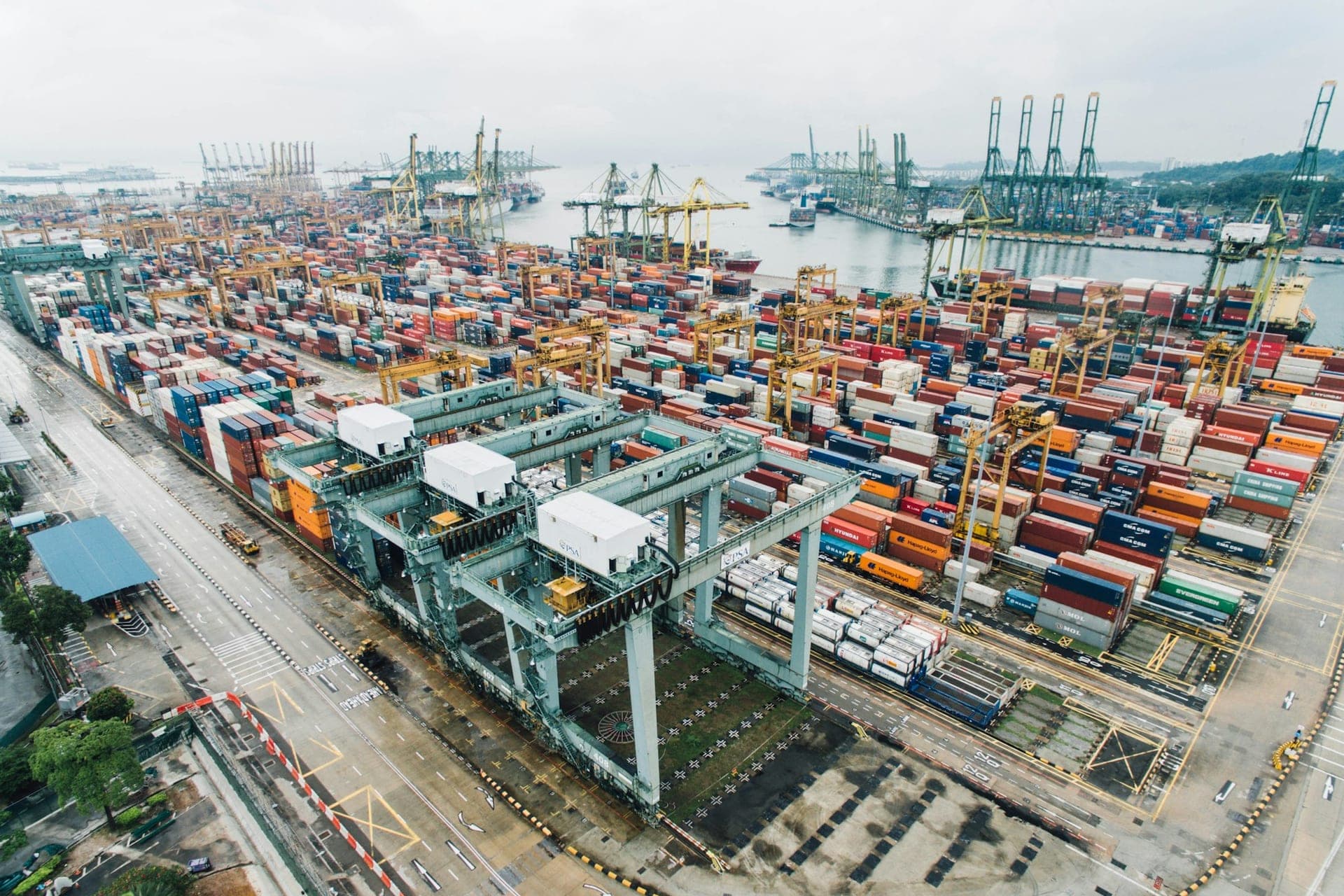 Aerial view of a global shipping container port